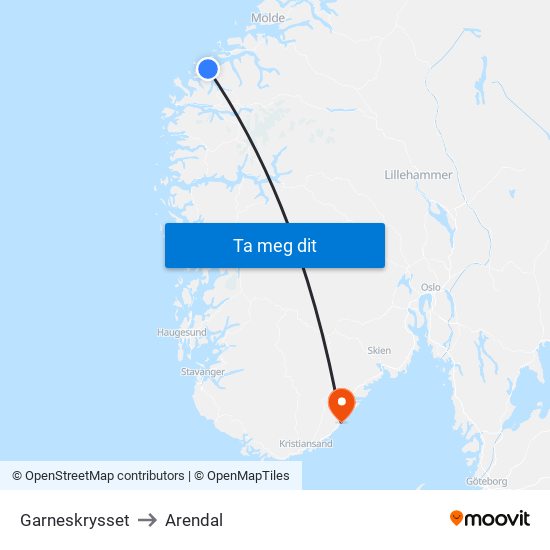 Garneskrysset to Arendal map