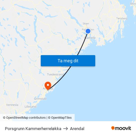 Porsgrunn Kammerherreløkka to Arendal map