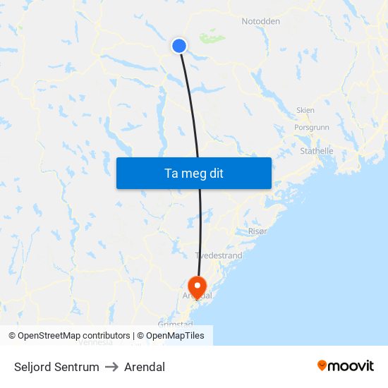 Seljord Sentrum to Arendal map