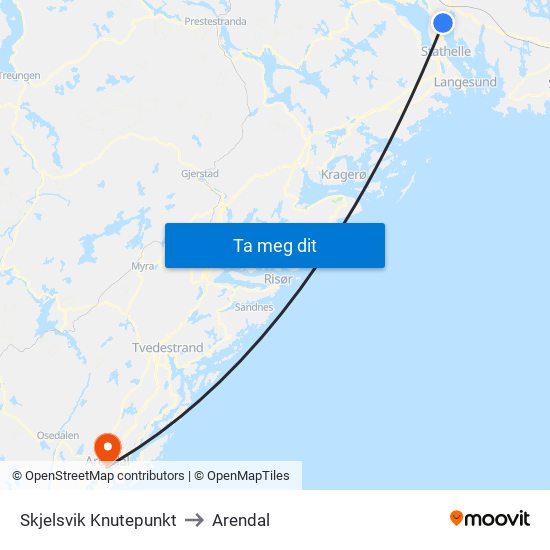 Skjelsvik Knutepunkt to Arendal map