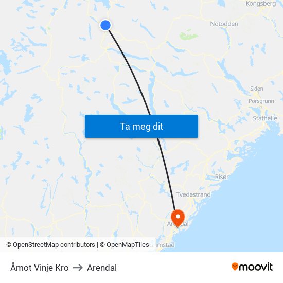 Åmot Vinje Kro to Arendal map