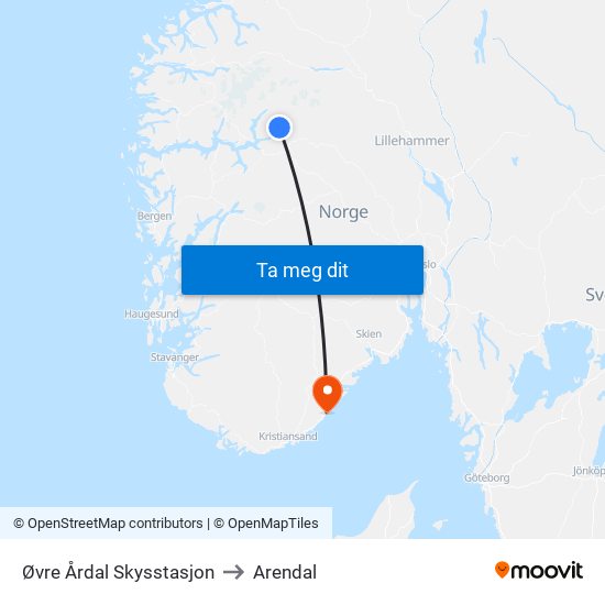 Øvre Årdal Skysstasjon to Arendal map