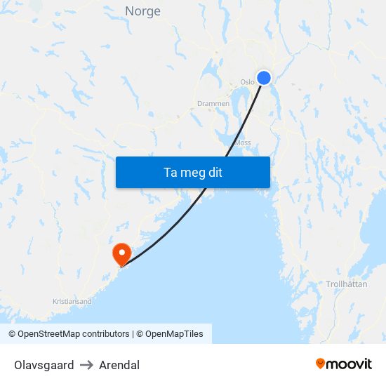 Olavsgaard to Arendal map