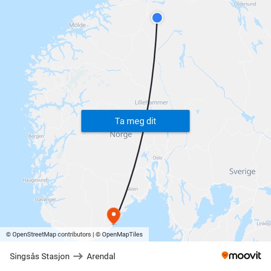 Singsås Stasjon to Arendal map