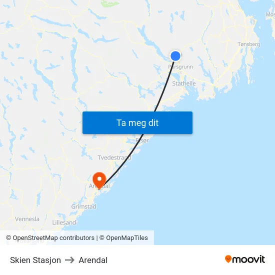 Skien Stasjon to Arendal map