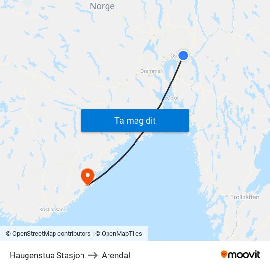 Haugenstua Stasjon to Arendal map