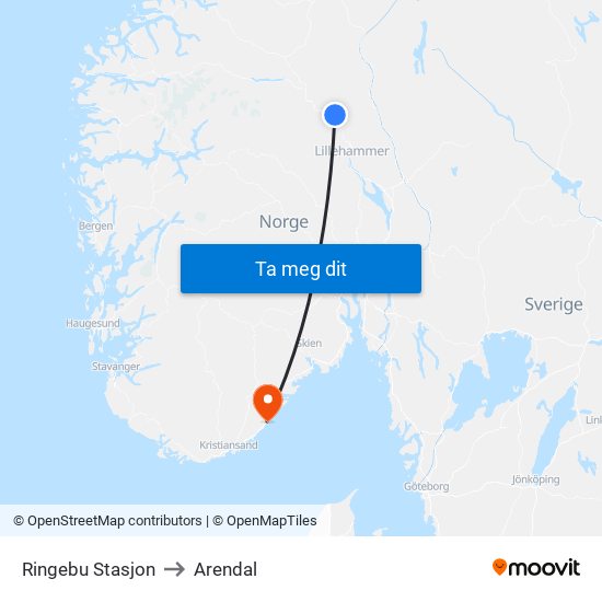 Ringebu Stasjon to Arendal map