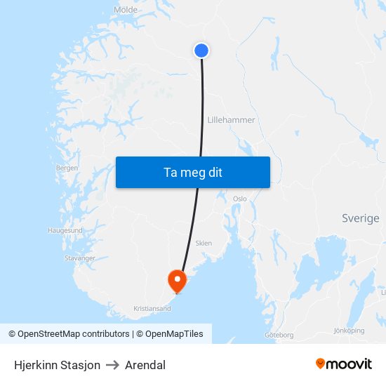 Hjerkinn Stasjon to Arendal map
