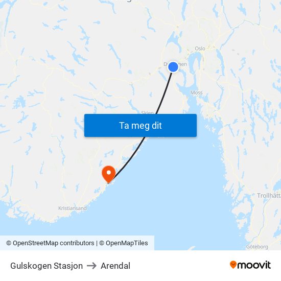 Gulskogen Stasjon to Arendal map