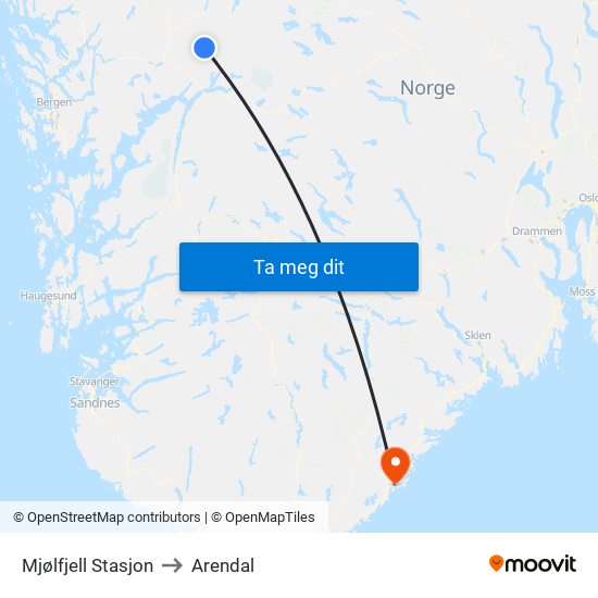 Mjølfjell Stasjon to Arendal map
