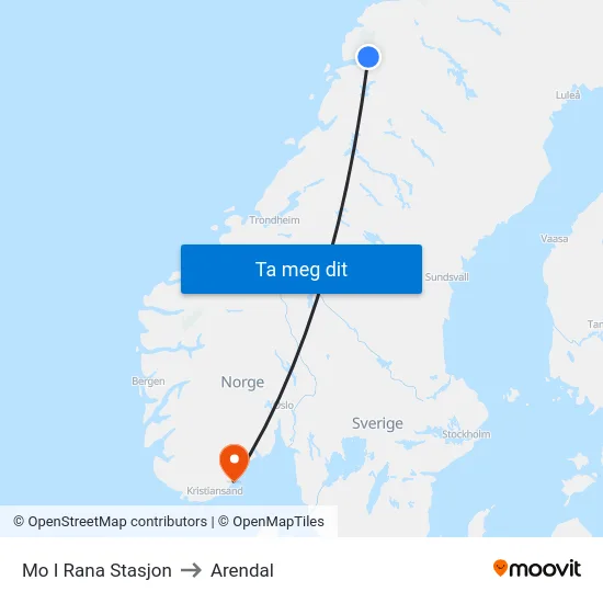 Mo I Rana Stasjon to Arendal map