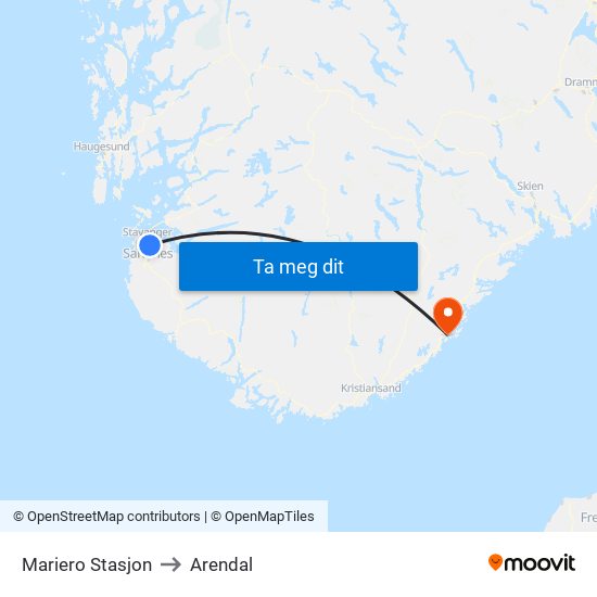 Mariero Stasjon to Arendal map