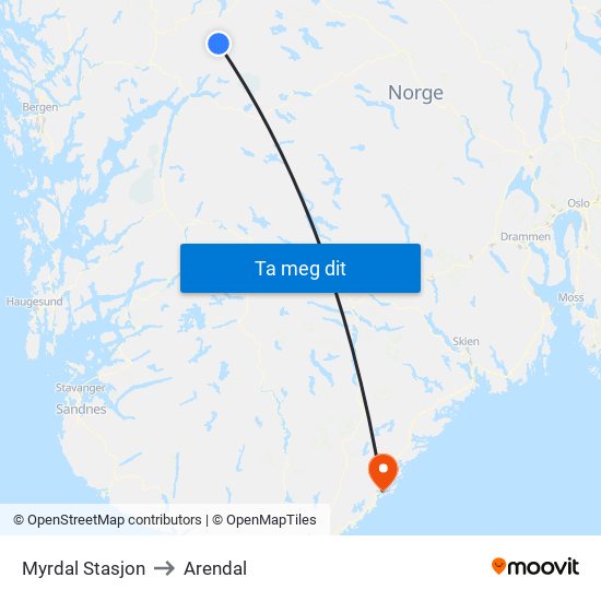 Myrdal Stasjon to Arendal map