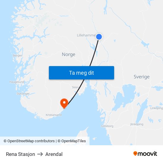 Rena Stasjon to Arendal map