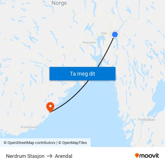 Nerdrum Stasjon to Arendal map