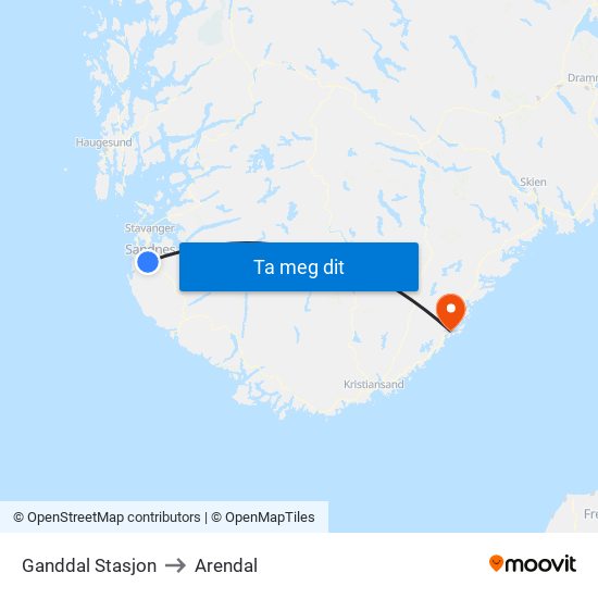 Ganddal Stasjon to Arendal map