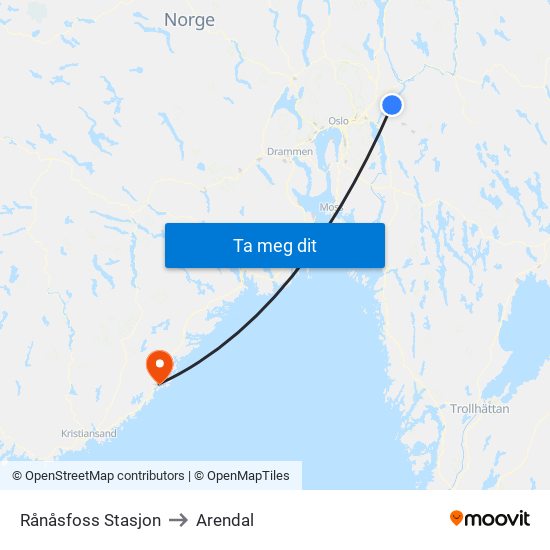 Rånåsfoss Stasjon to Arendal map