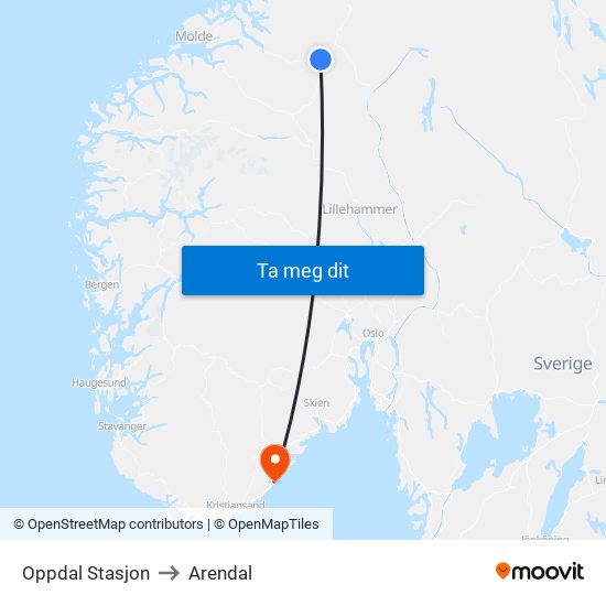 Oppdal Stasjon to Arendal map