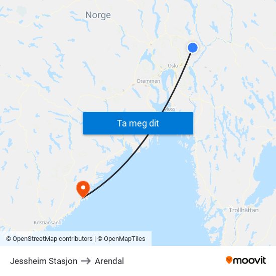 Jessheim Stasjon to Arendal map