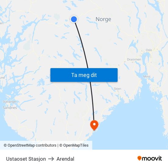 Ustaoset Stasjon to Arendal map
