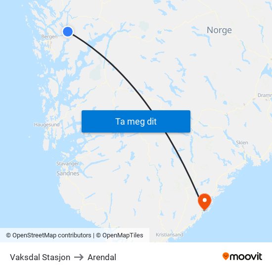 Vaksdal Stasjon to Arendal map