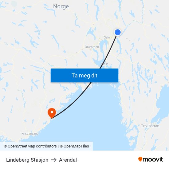 Lindeberg Stasjon to Arendal map