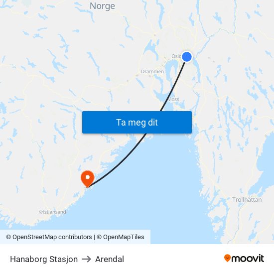 Hanaborg Stasjon to Arendal map