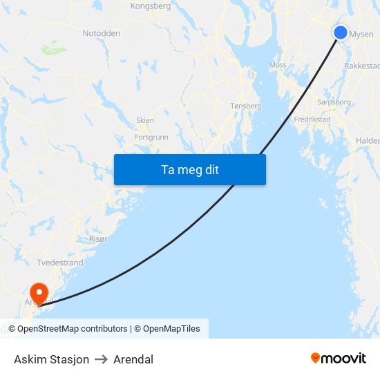 Askim Stasjon to Arendal map