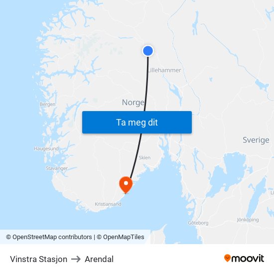 Vinstra Stasjon to Arendal map