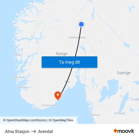 Atna Stasjon to Arendal map