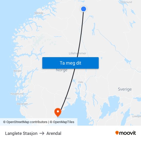 Langlete Stasjon to Arendal map