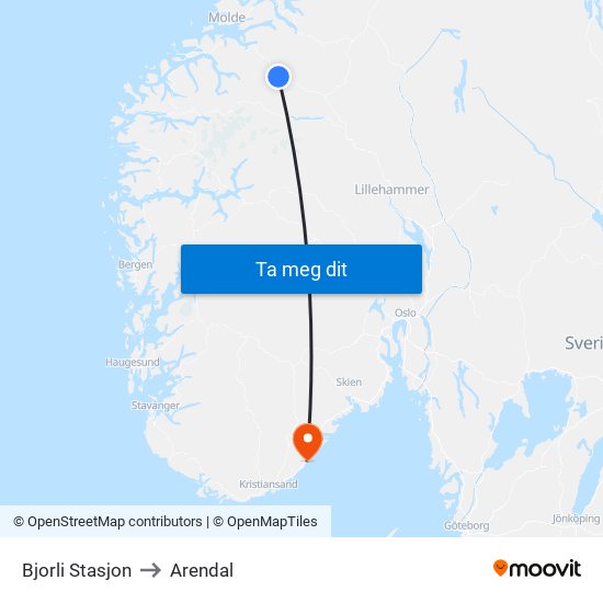 Bjorli Stasjon to Arendal map