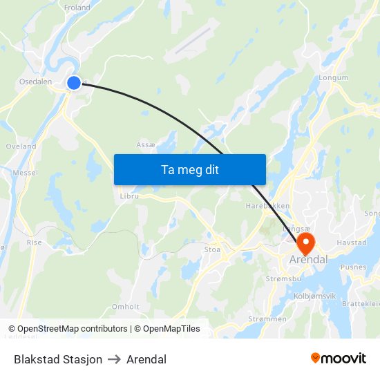 Blakstad Stasjon to Arendal map