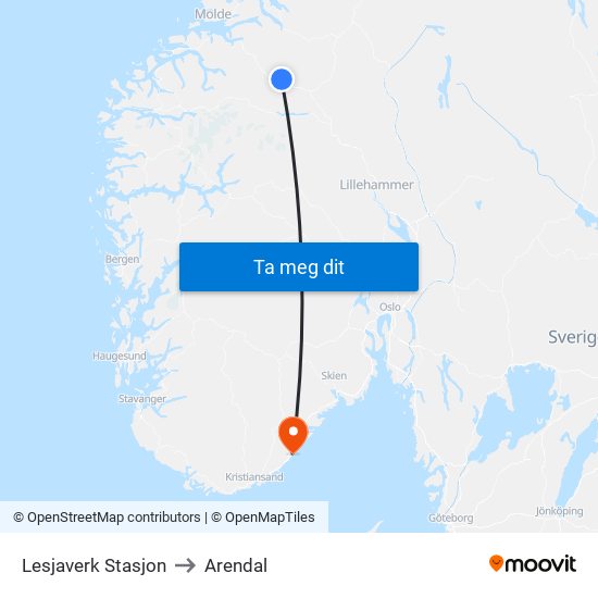 Lesjaverk Stasjon to Arendal map