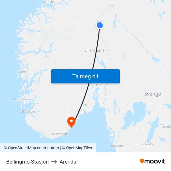 Bellingmo Stasjon to Arendal map