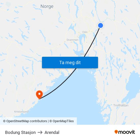 Bodung Stasjon to Arendal map