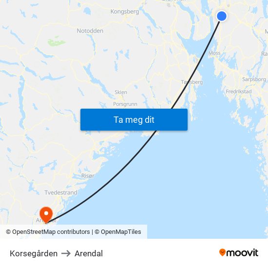 Korsegården to Arendal map