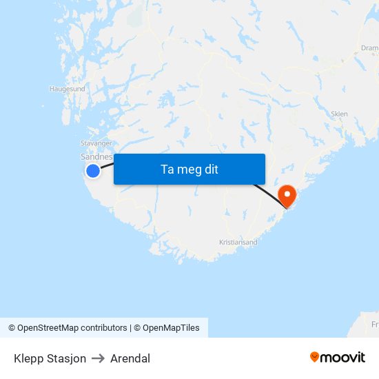 Klepp Stasjon to Arendal map