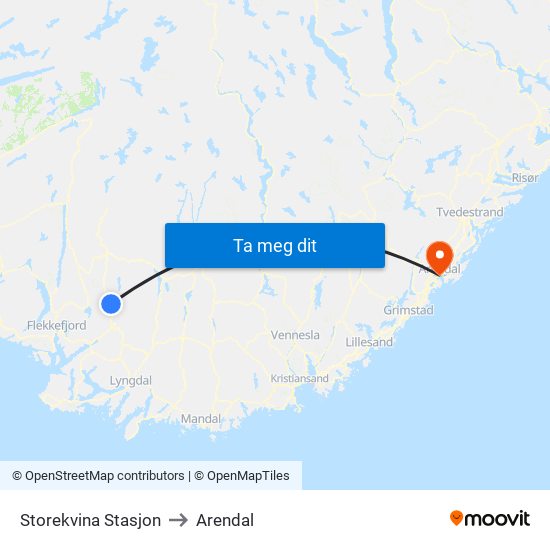 Storekvina Stasjon to Arendal map
