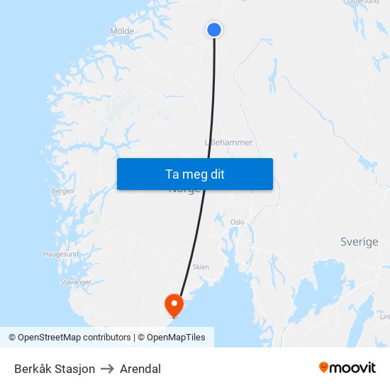 Berkåk Stasjon to Arendal map