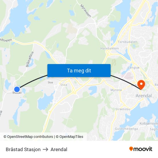 Bråstad Stasjon to Arendal map