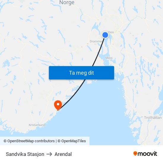 Sandvika Stasjon to Arendal map