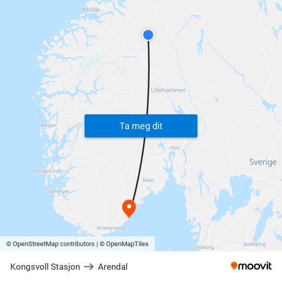 Kongsvoll Stasjon to Arendal map