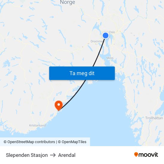 Slependen Stasjon to Arendal map