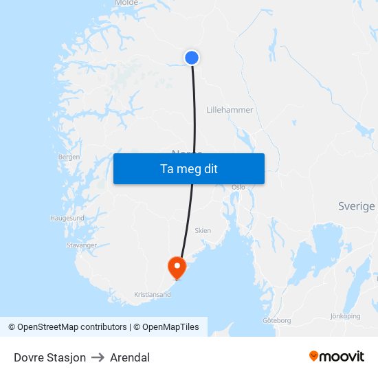 Dovre Stasjon to Arendal map