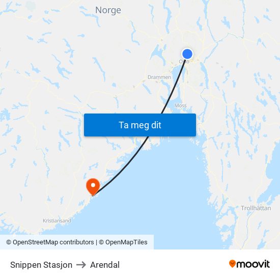 Snippen Stasjon to Arendal map