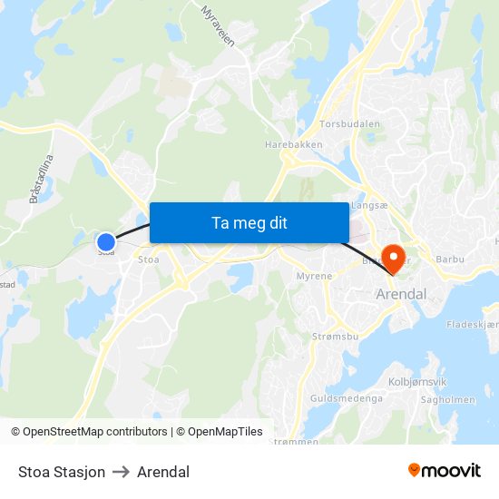 Stoa Stasjon to Arendal map