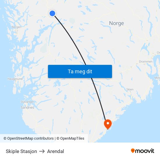 Skiple Stasjon to Arendal map