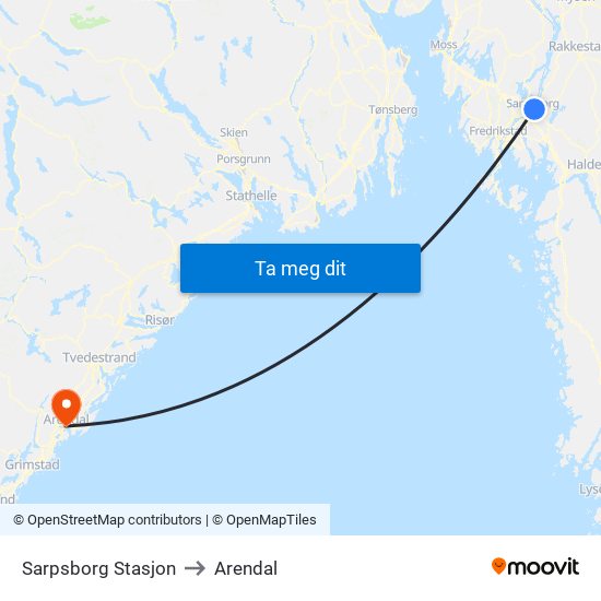 Sarpsborg Stasjon to Arendal map