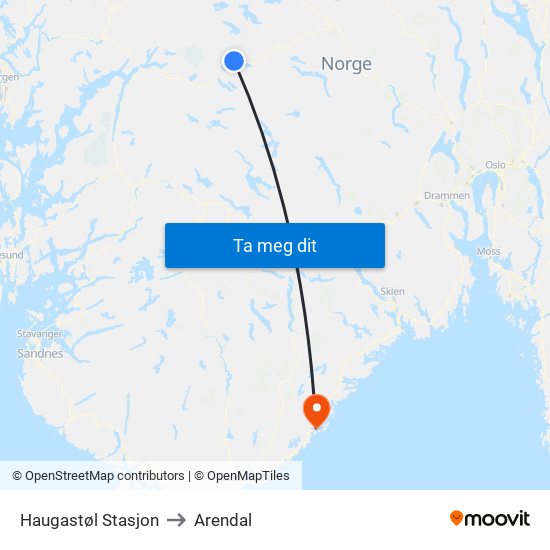 Haugastøl Stasjon to Arendal map